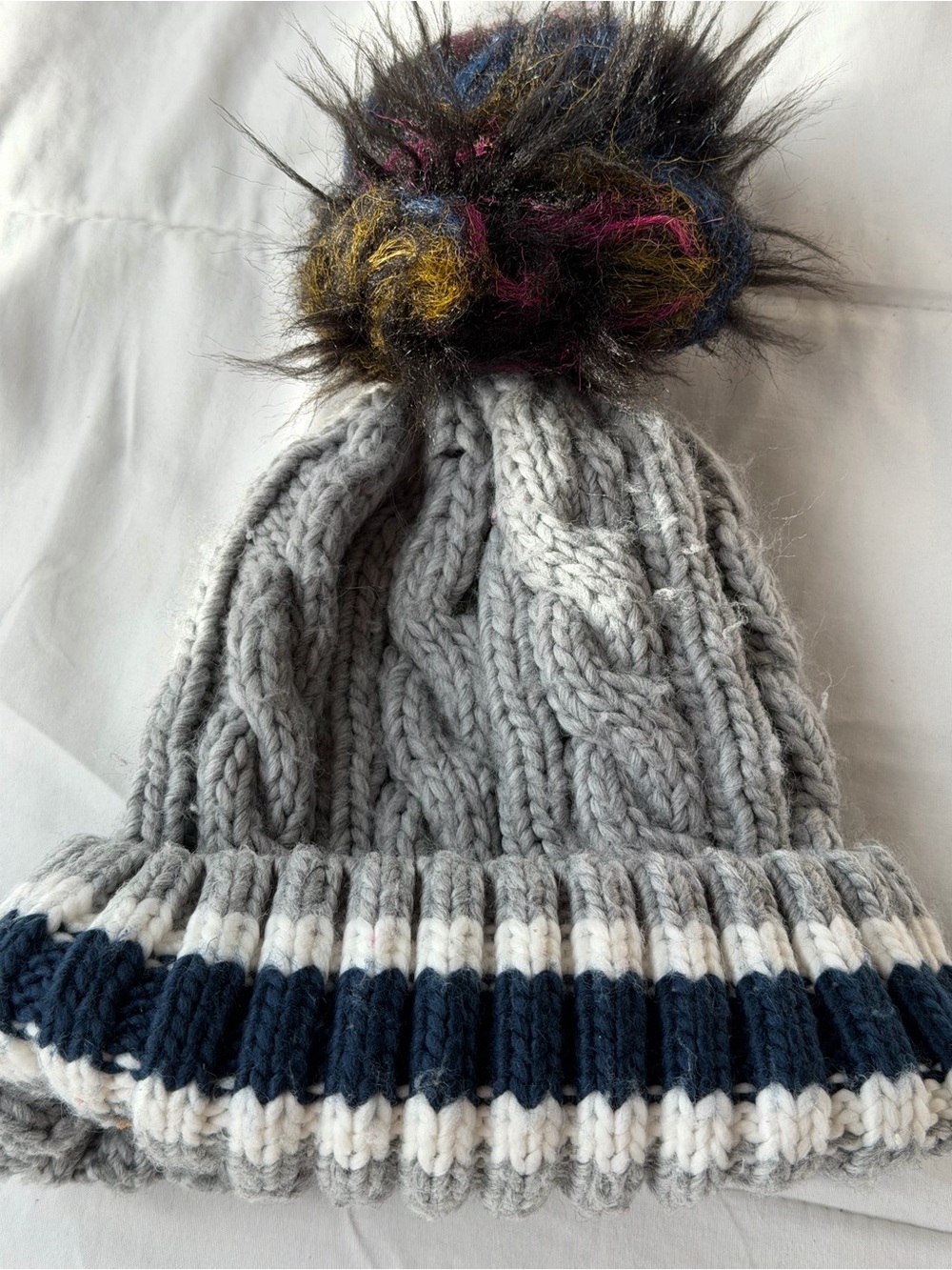 Kids Cable Knit Pom Beanie - Gray with Navy & White Stripes